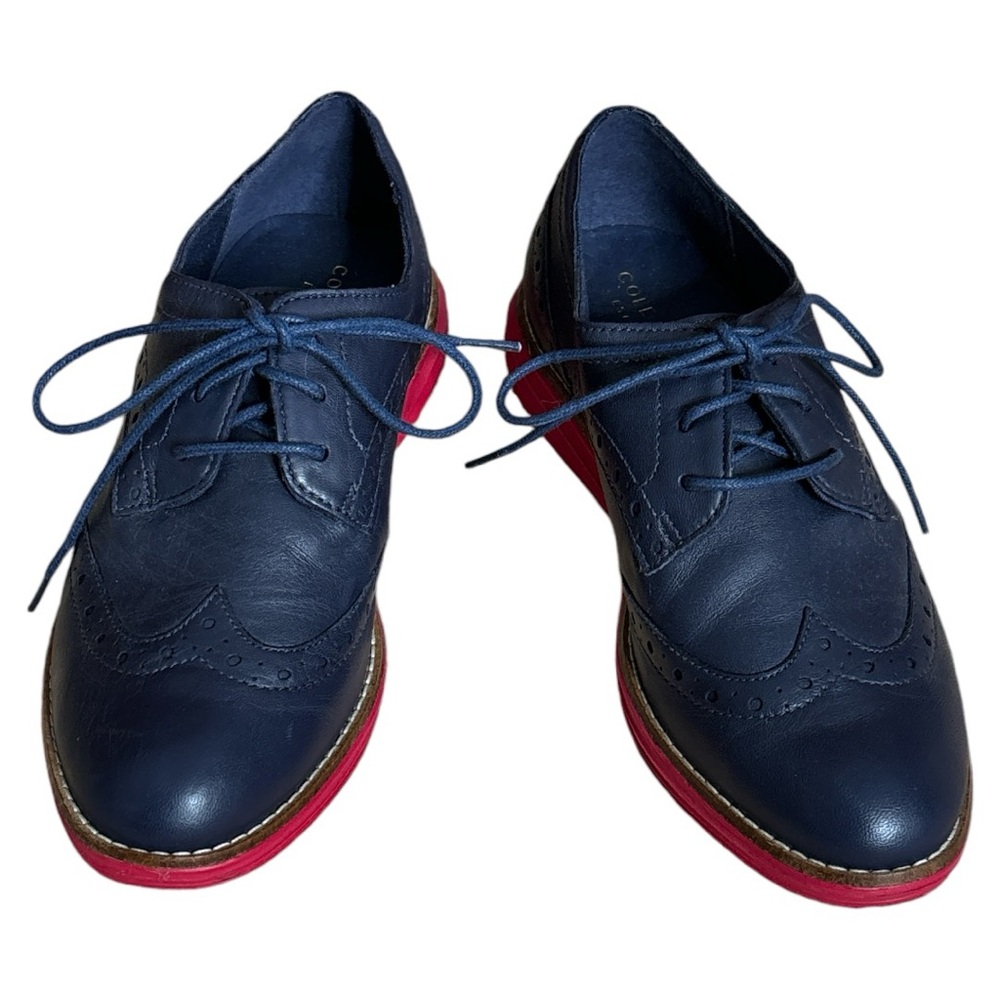 Cole Haan Womens Leather Wingtip 5B. Navy leather upper with Red rubber sole.